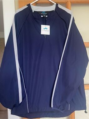 Tri-Mountain GOLF Navy Pullover Windbreaker with Light Gray Trim Jacket for MEN
